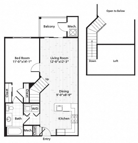 Floor plan for 1 bed, 1 bath, 899 sqft